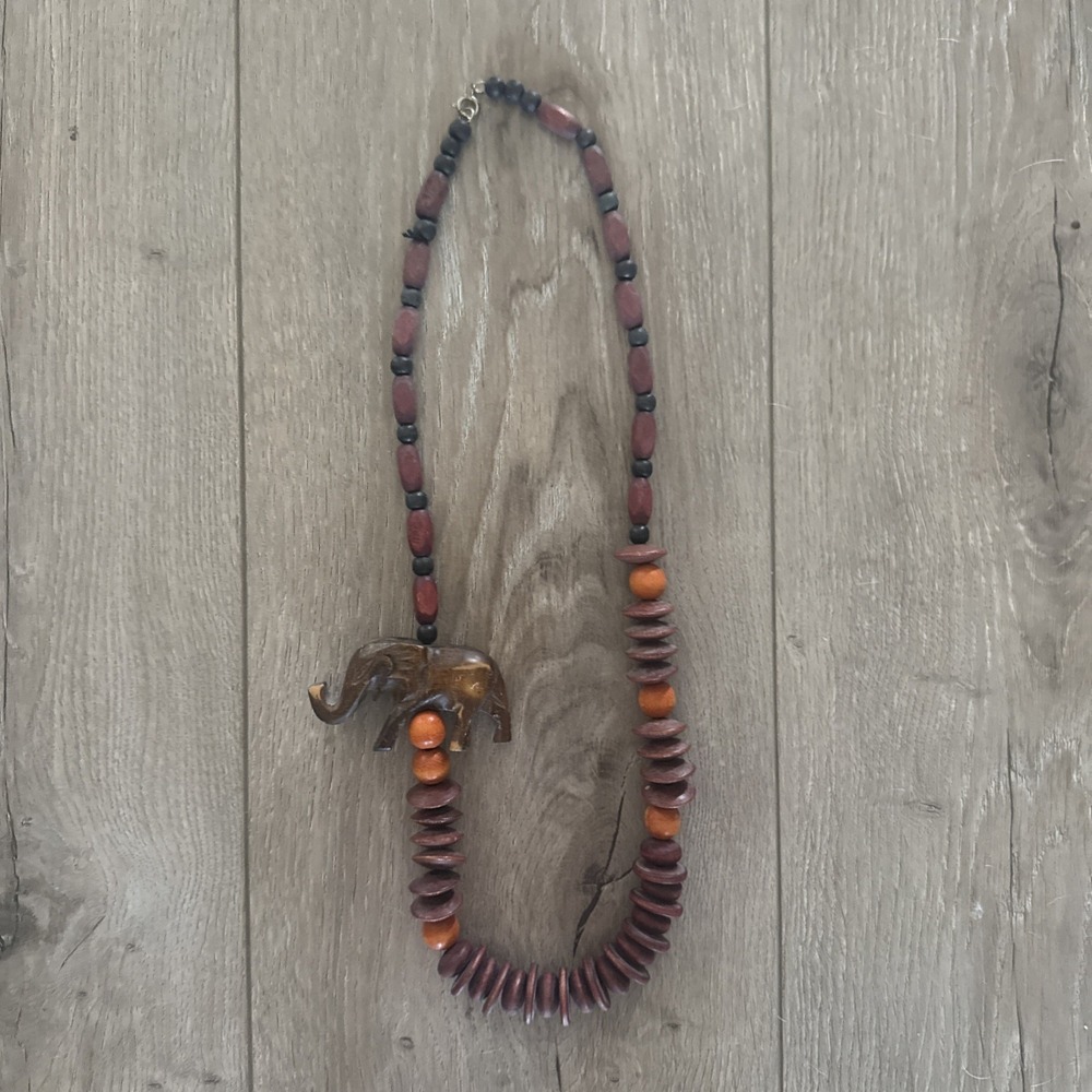 Wooden Beaded Necklace with Hand-Carved Elephant Beads‎